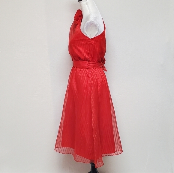 VINTAGE 1970s Shangri-La Red Pinstripe One-Shoulder Belted Midi Dress ILGWU - Picture 11 of 16